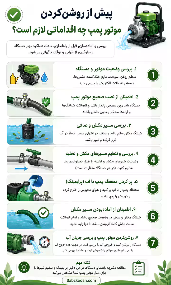 اقدامات قبل از روشن کردن موتور پمپ آب